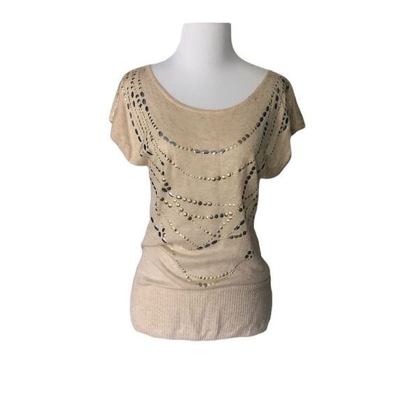 Gold embellished Cach’e  short sleeve knit top - Picture 1 of 8